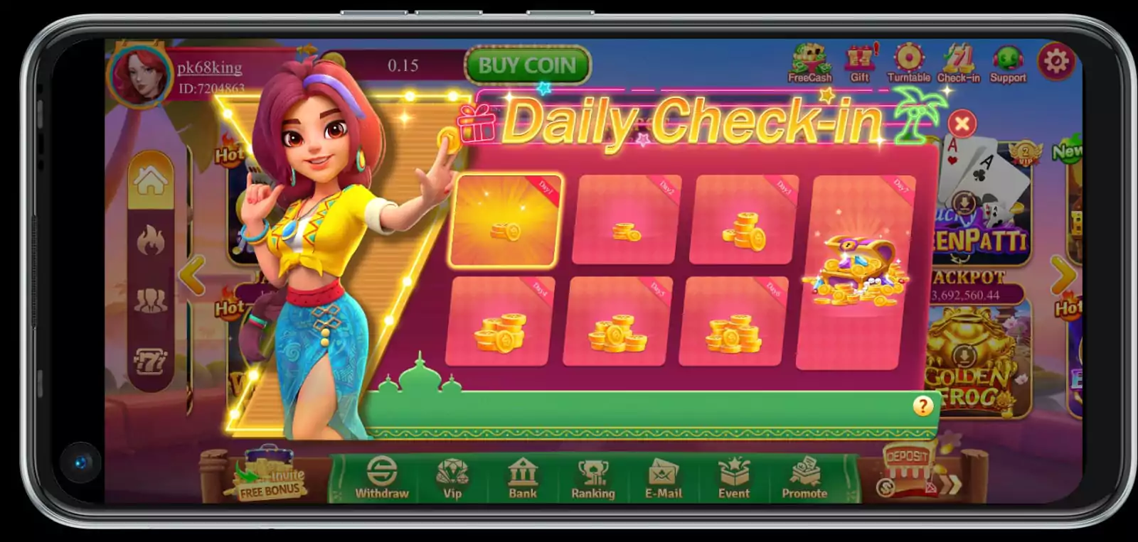 PK68 Game Daily Check-In Interface