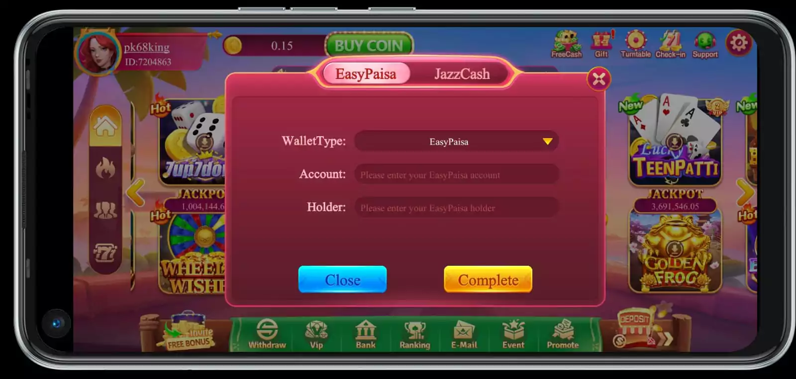 PK68 Game Payment Section Interface
