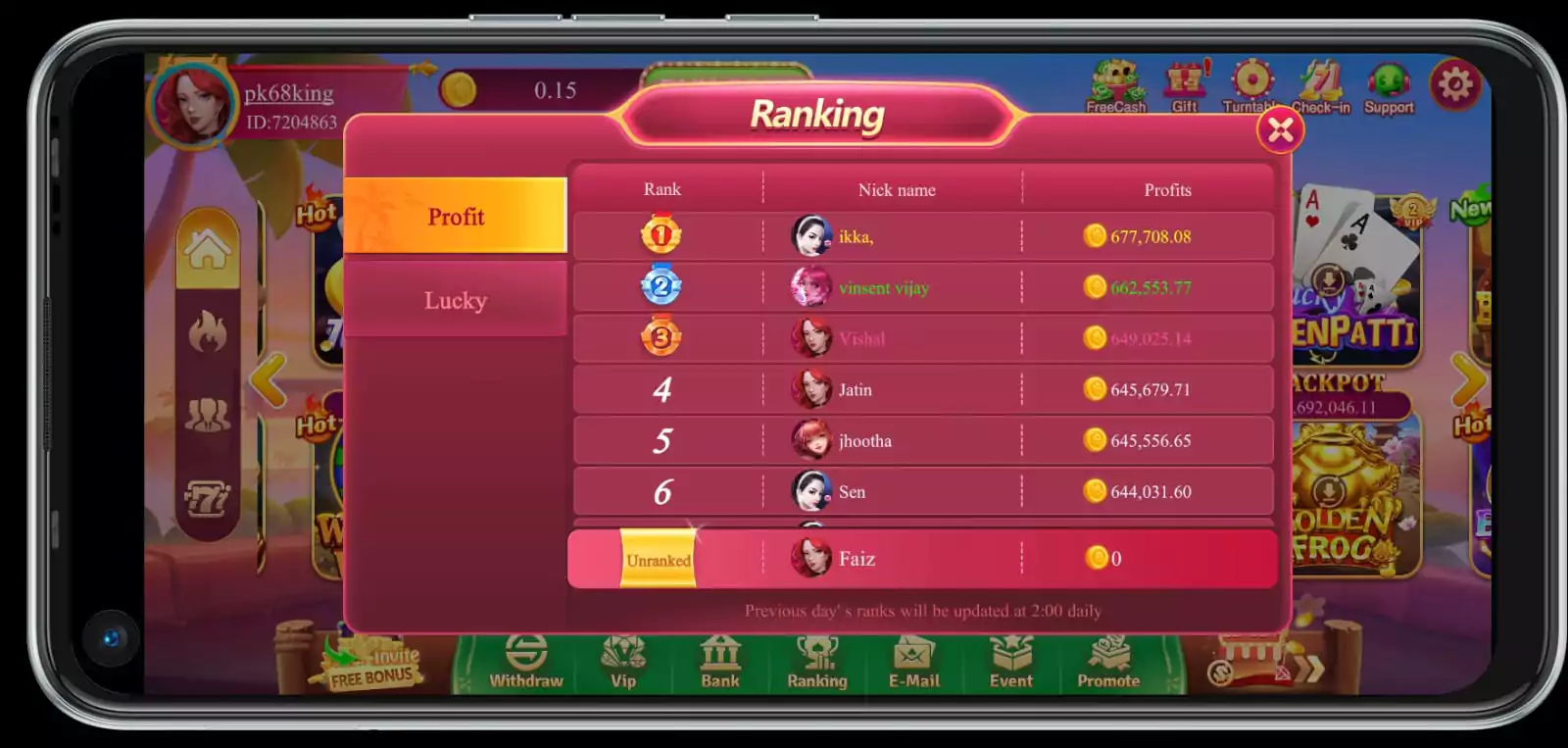 PK68 Game Luck Ranking Interface ScreenShot
