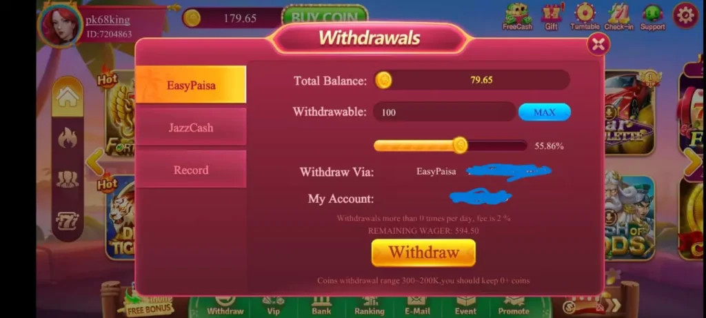 PK68 Game withdraw interface 2